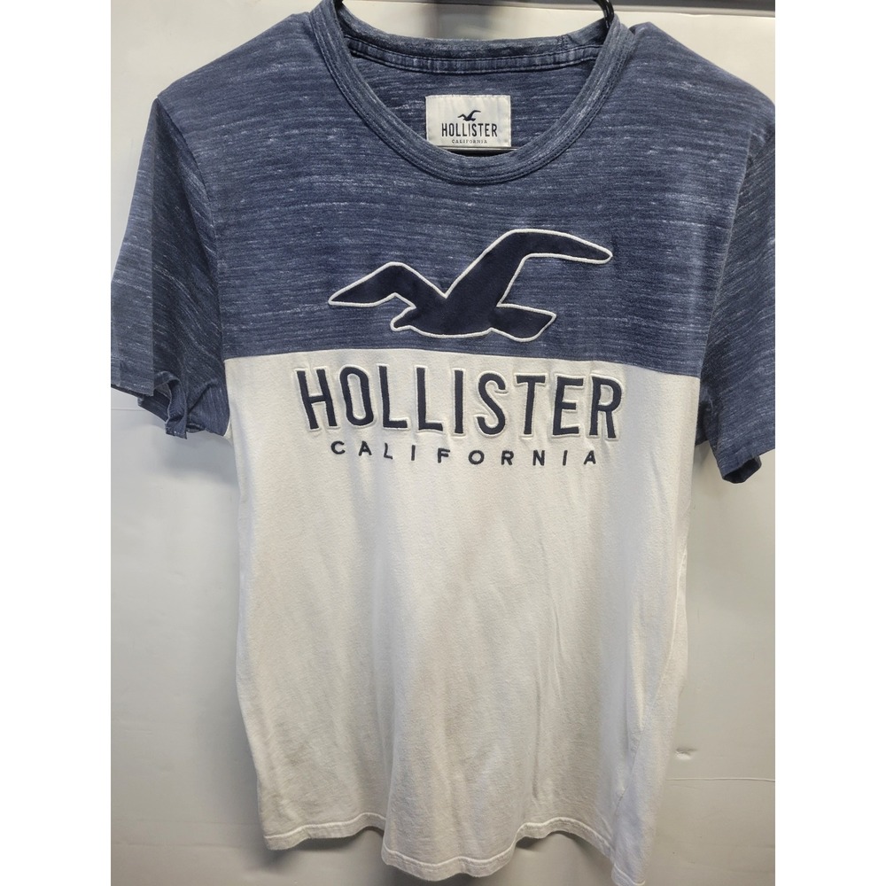 Hollister Mens Colorblock Graphic T-Shirt Blue White Logo Crew Neck Size M